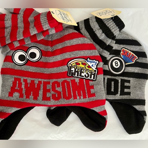 2 Beanie & Glove Sets, Fleece Lined, Awesome, Dude, Red Black - Picture 1 of 6